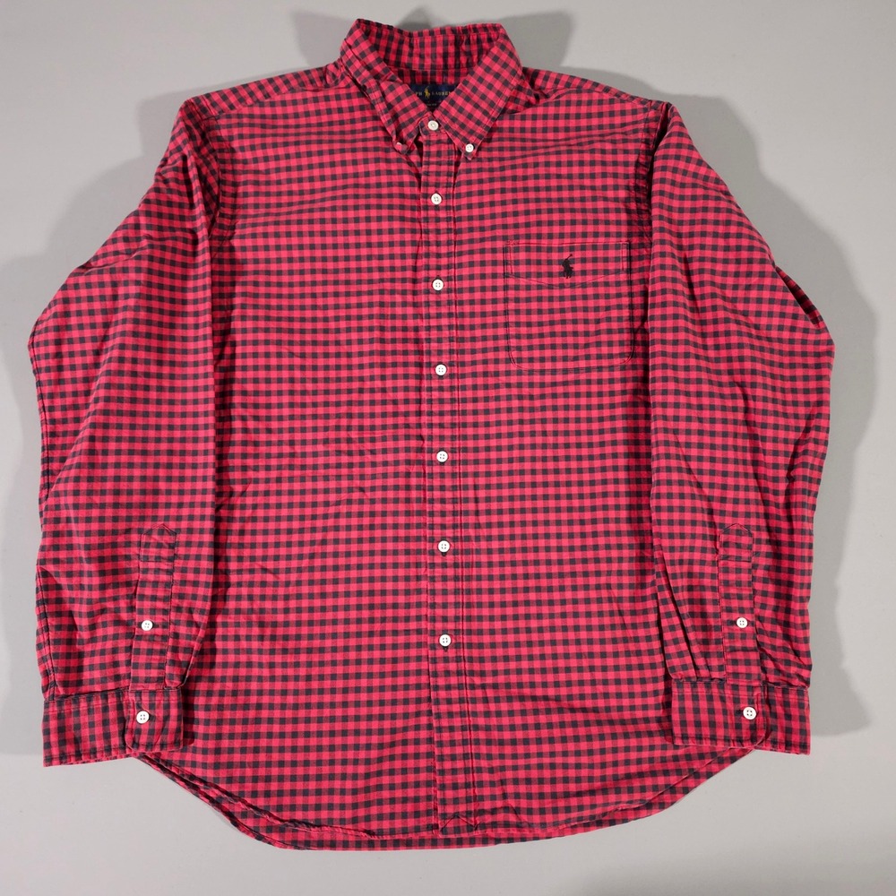 Ralph Lauren Button Down Shirt Mens XXL Red Navy Gingham Classic Fit Cotton